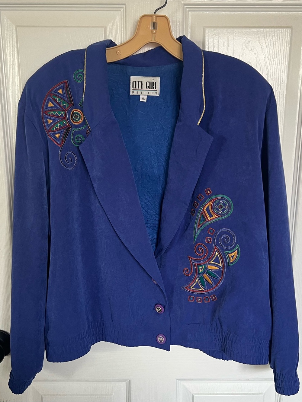 Vintage 90s City Girl Embroidered Jacket Blazer Blue Purple Art Deco L